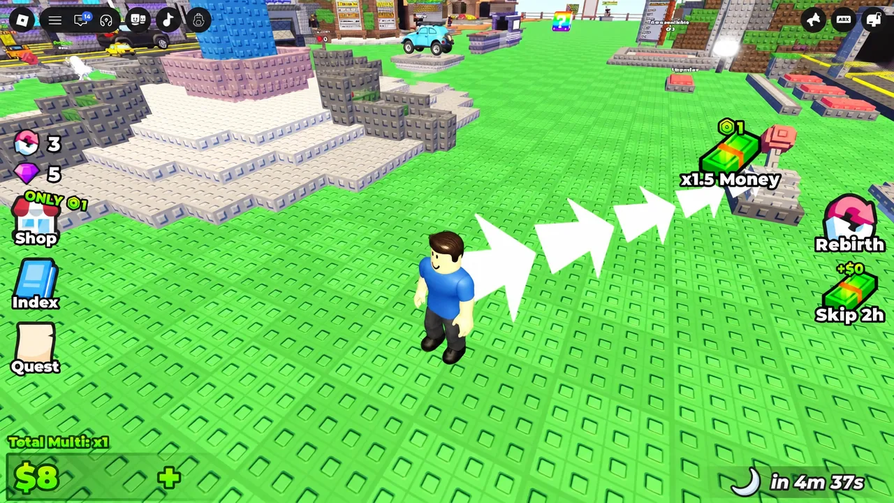 White tutorial arrows pointing across the plot toward a glowing x1.5 Money boost pad