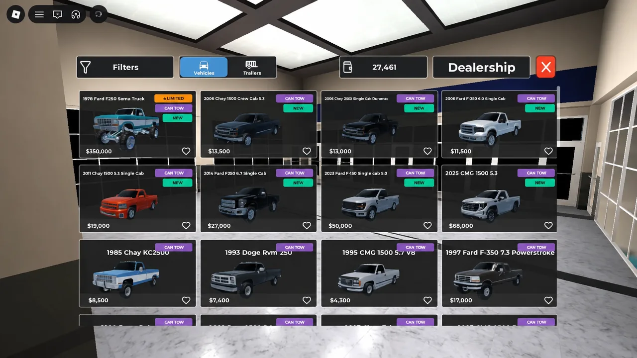 Dealership Vehicles tab showing a grid of trucks with prices listed for each one
