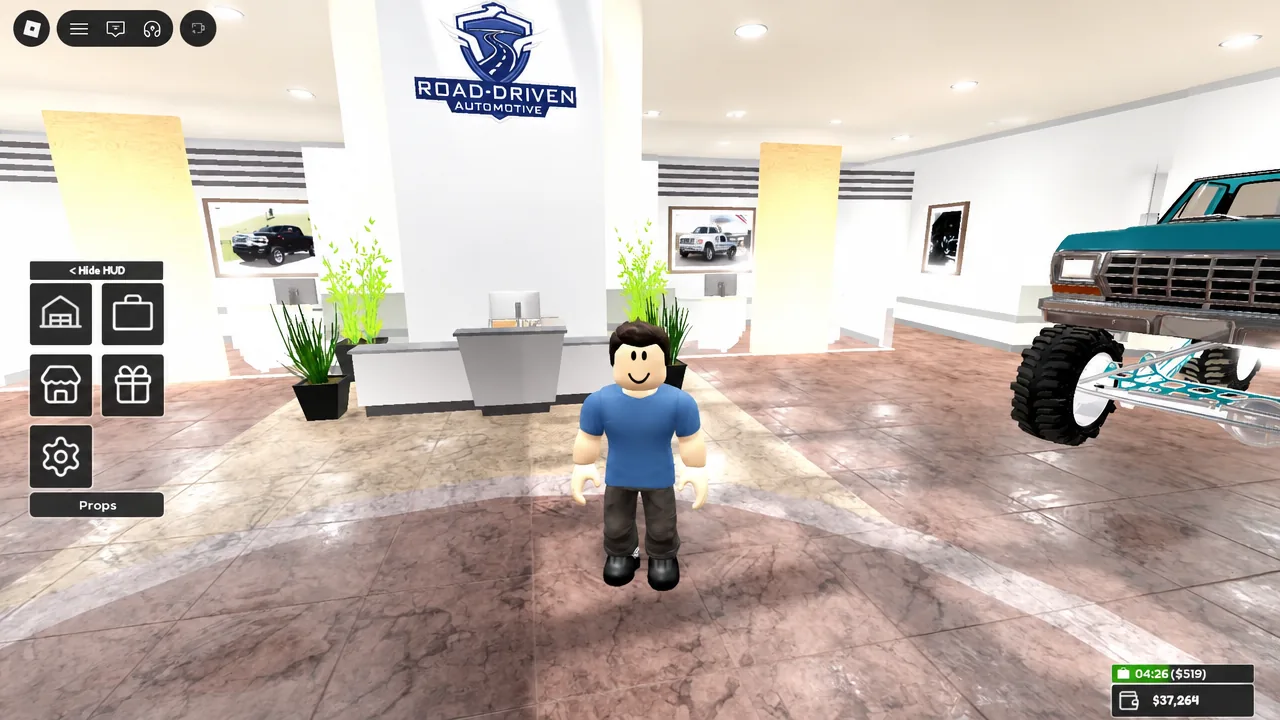 Road-Driven Automotive showroom floor with the HUD buttons visible on the left side of the screen