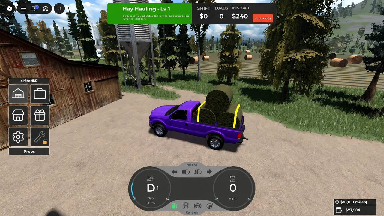 Three round hay bales loaded onto a pickup bed with the delivery destination appearing on screen
