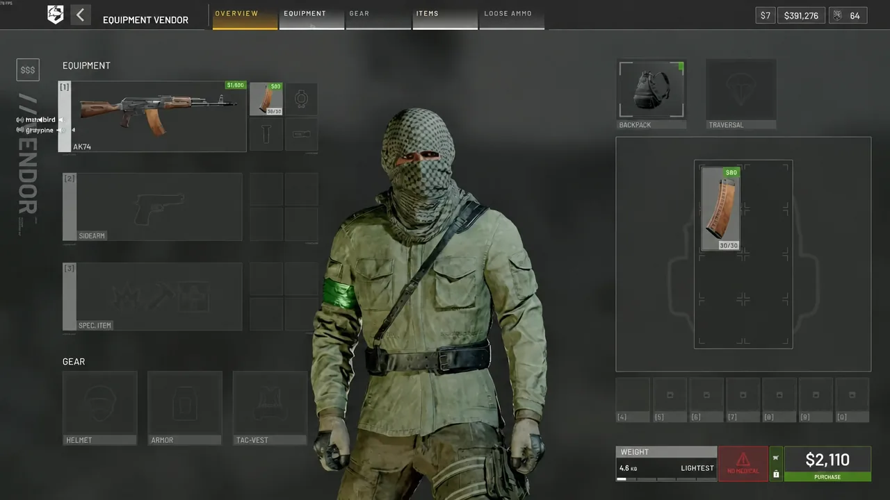 WARDOGS Equipment Vendor Overview tab with an AK74 and a backpack magazine listed for purchase