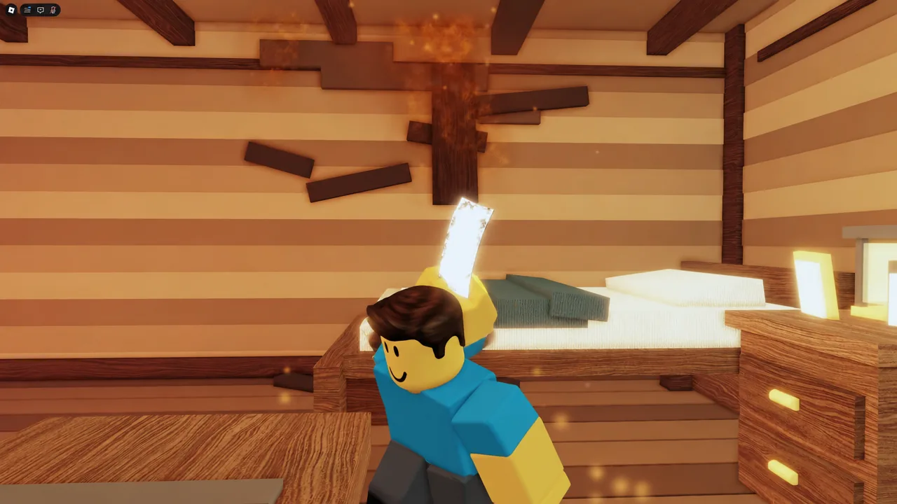 Player character carrying a glowing Devil Fruit while running out of a burning room