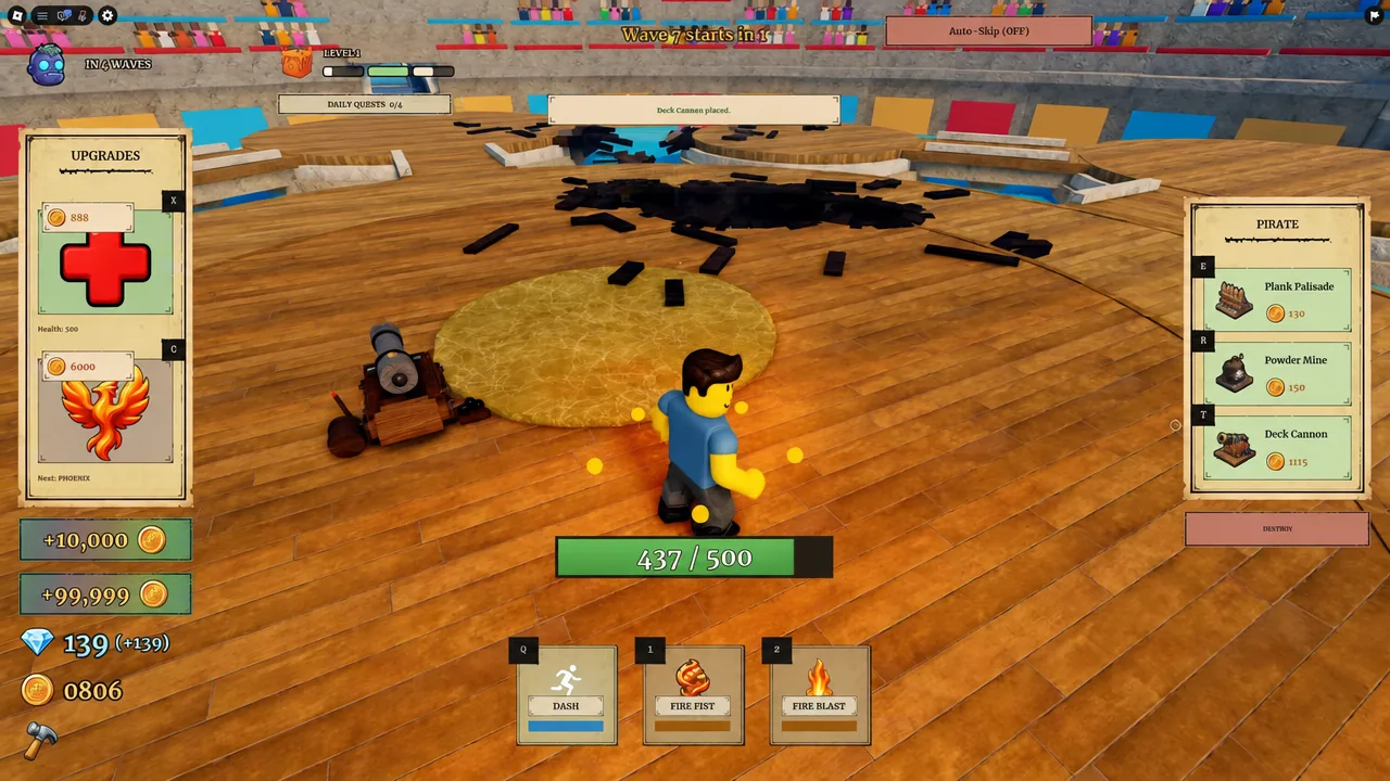 PIRATE build menu open with Deck Cannon selected as it is placed on the ship deck