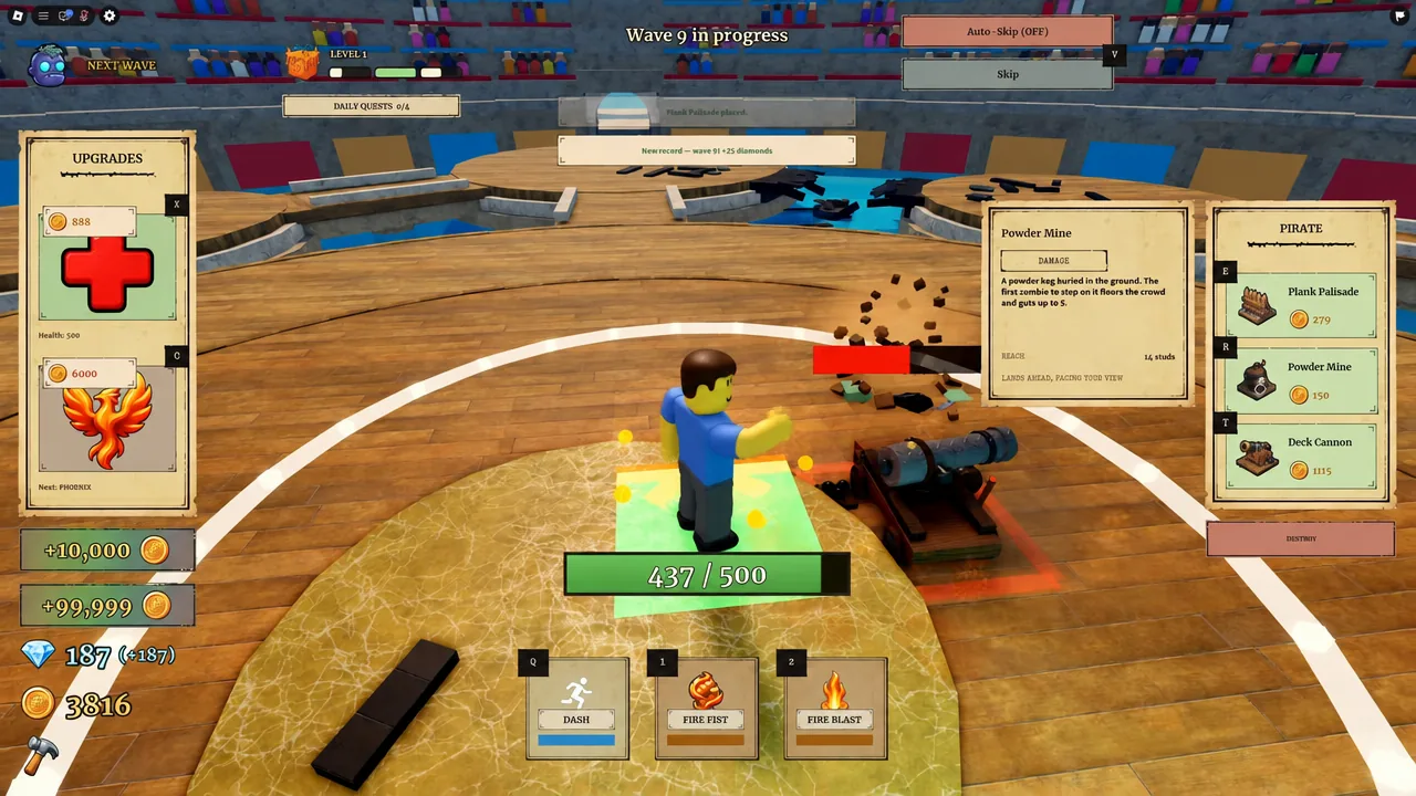 Powder Mine highlighted in the pirate defense menu with its details shown during Wave 9