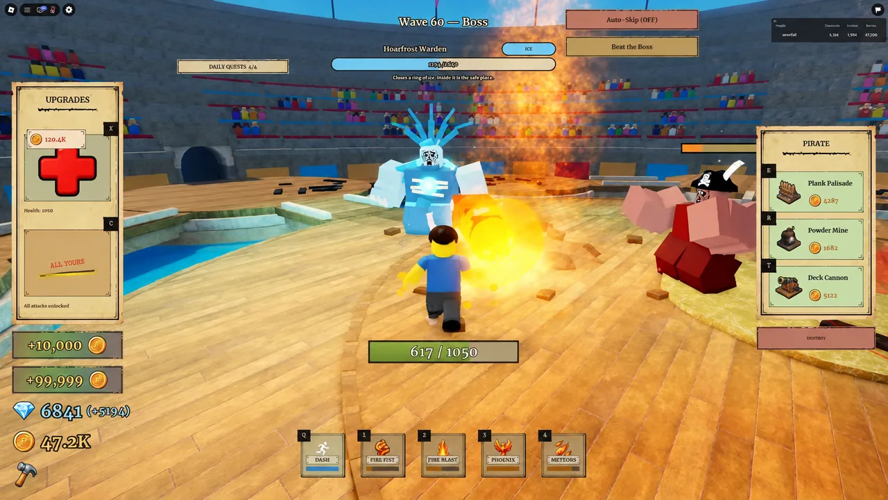 Wave 60 boss banner during the Hoarfrost Warden fight as a fireball hits nearby enemies