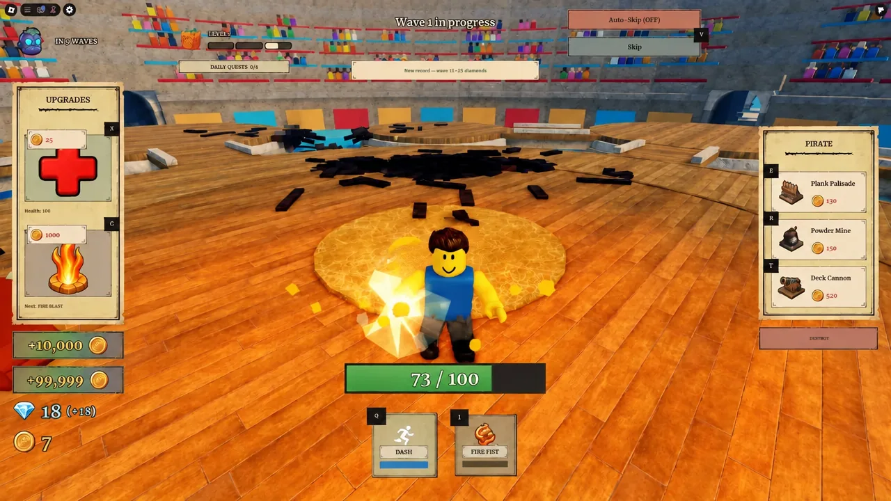 Fire abilities clearing a group of pirate zombies during the first waves