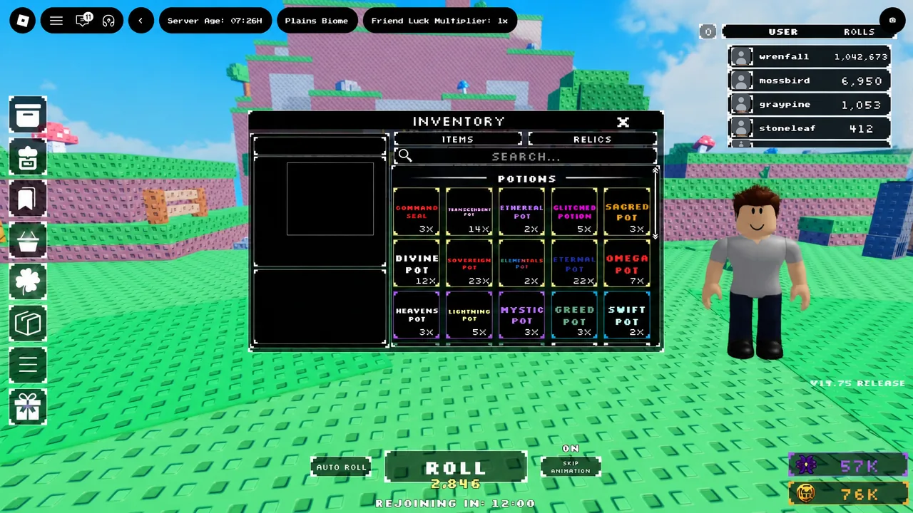 Inventory open on the Items tab in Anime Girl RNG, listing the luck potions currently held.