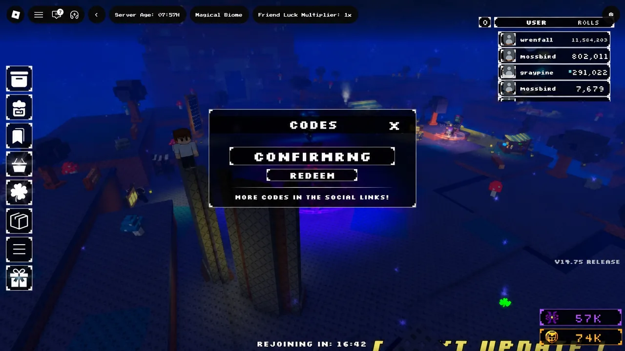 Anime Girl RNG gameplay during the V19.75 release, where the eight promo codes are active.