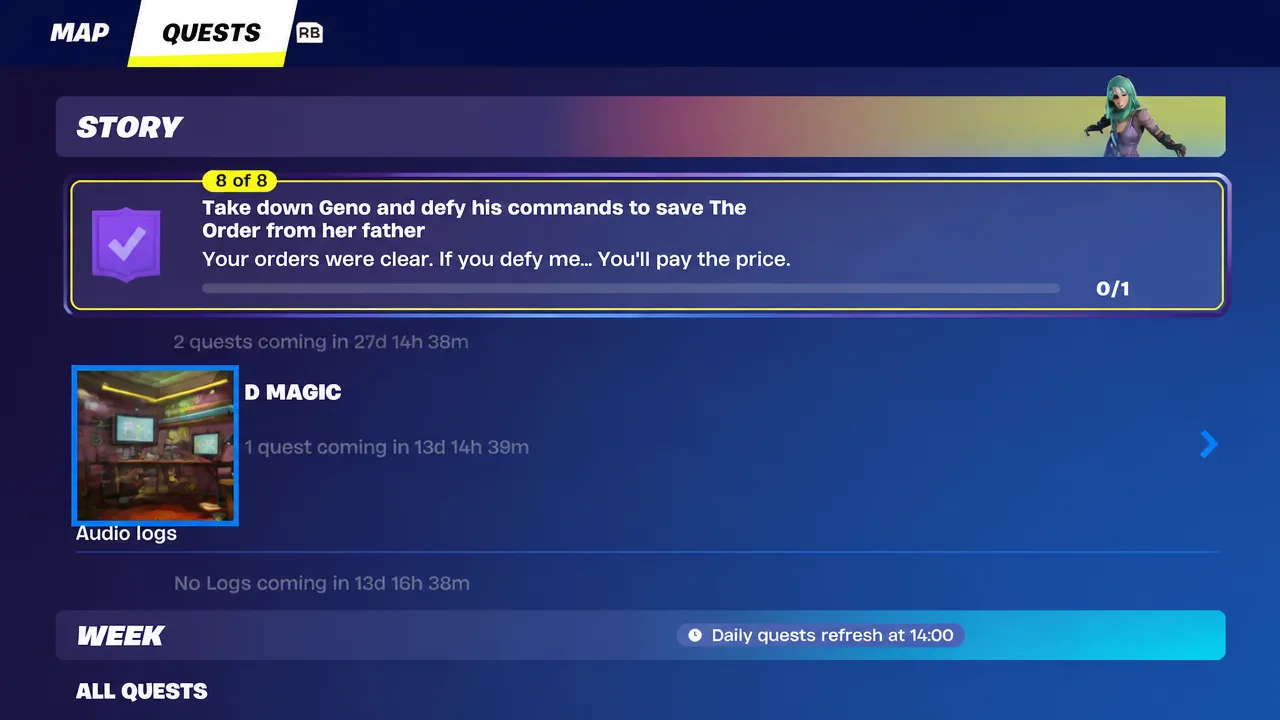 Quests screen showing the Take down Geno story objective sitting at 0 of 1 progress