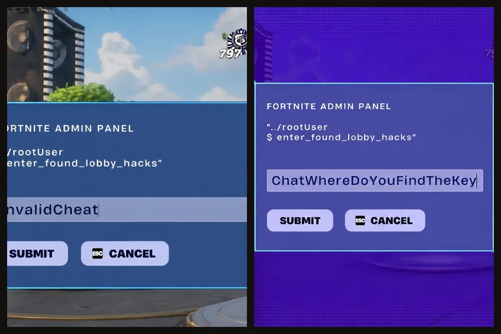 Two Admin Panel screens side by side with InvalidCheat and ChatWhereDoYouFindTheKey typed in