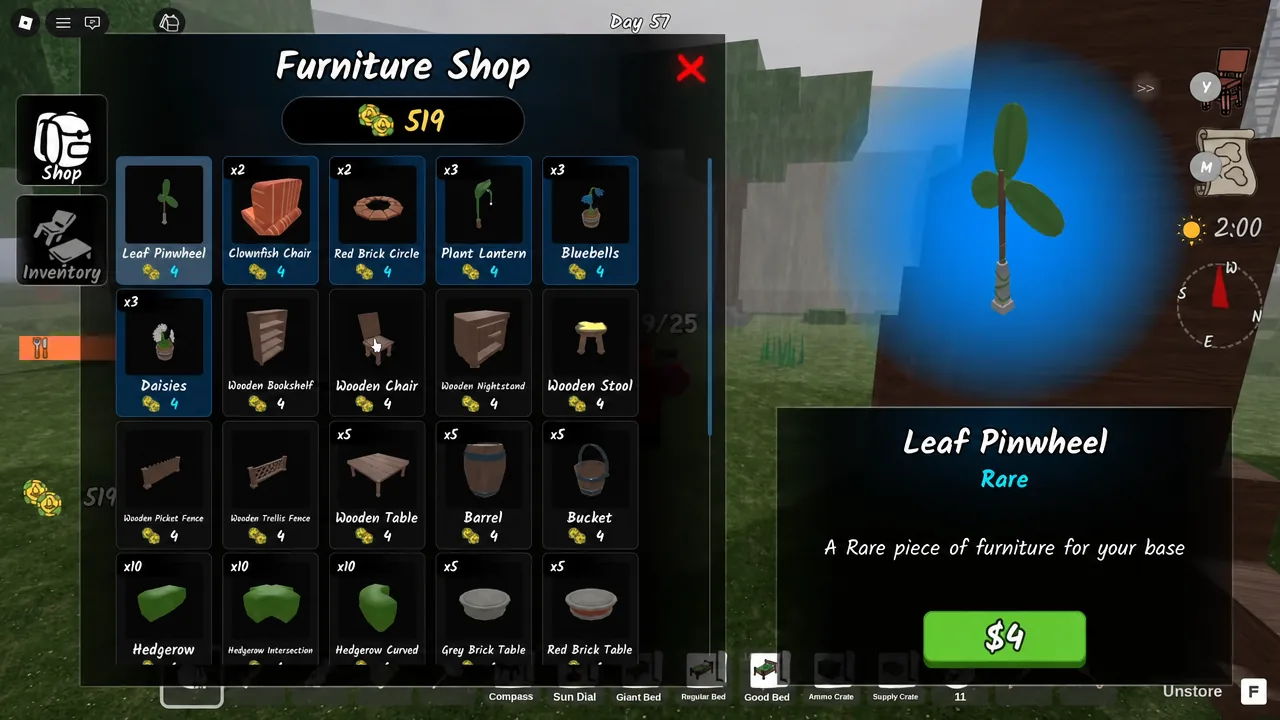 Furniture Shop menu with the Leaf Pinwheel selected and its purchase button visible