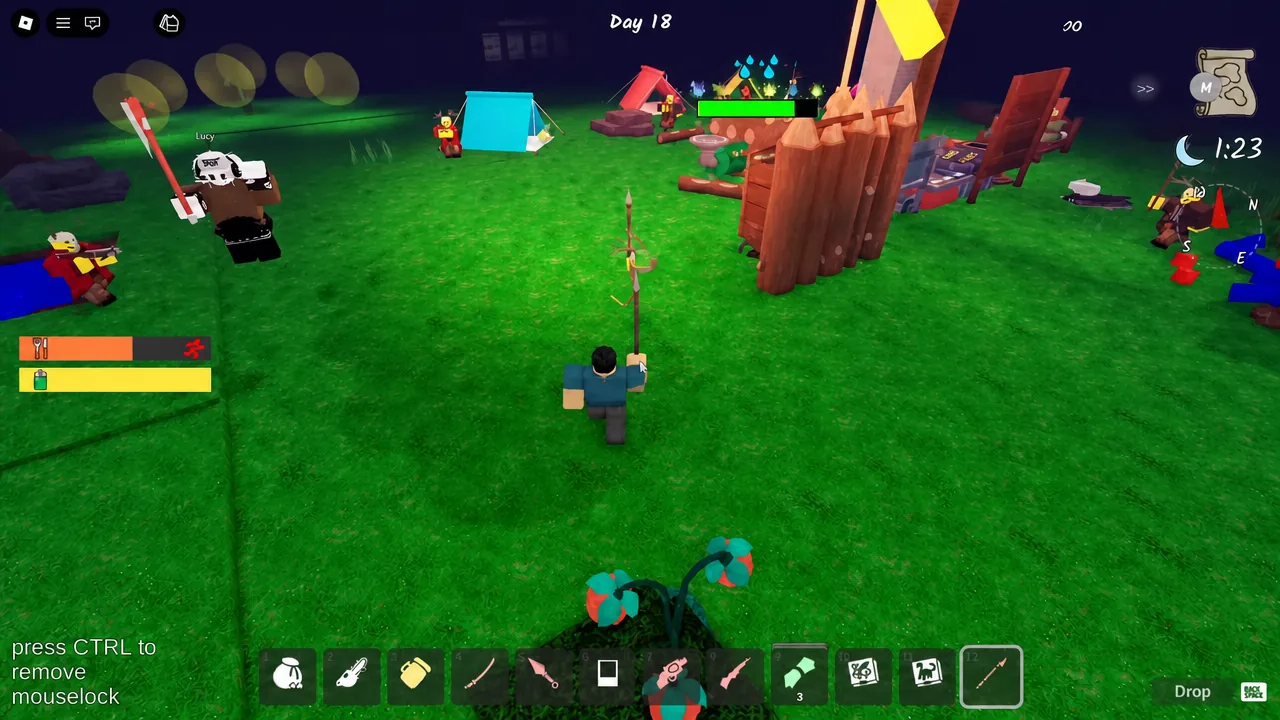 Player holding a spear at the campsite with the weapon selected in the hotbar