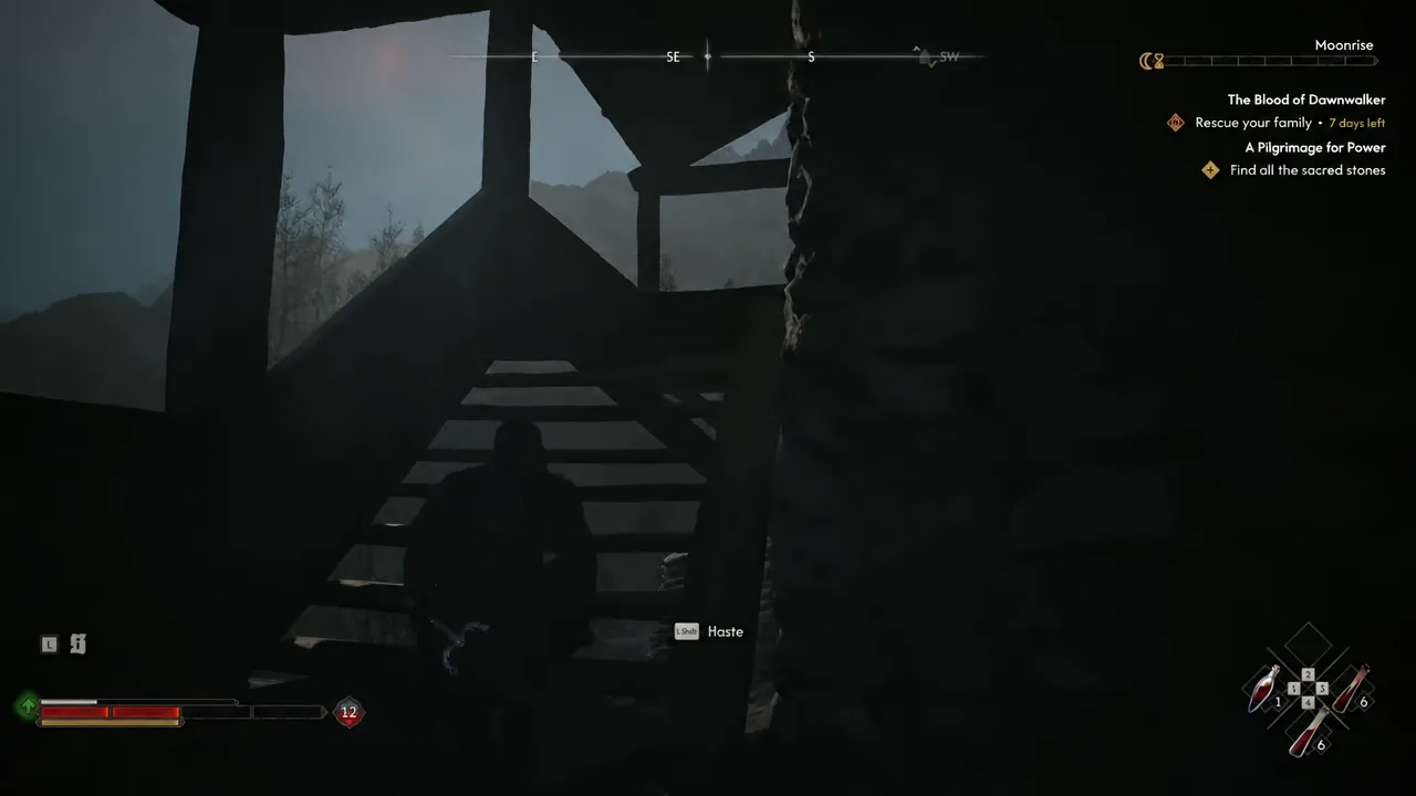 Coen moving through a dark ruin interior with the Haste ability prompt shown on screen