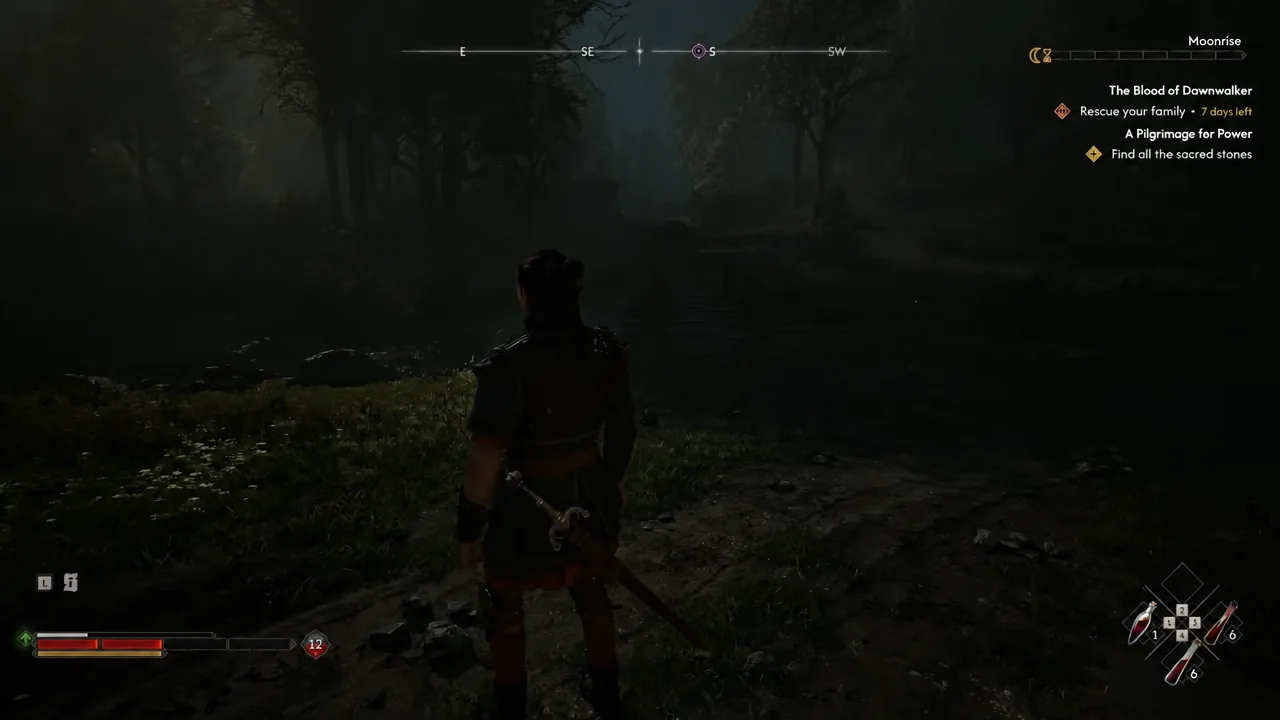 Coen standing on a dark forest path at night with quest objectives shown in the HUD