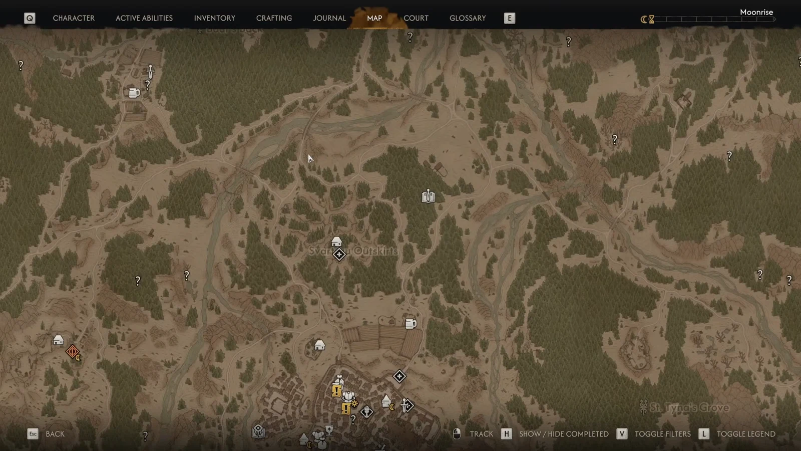 World map screen open on the Svartrau Outskirts and St. Tyna's Grove with quest markers visible