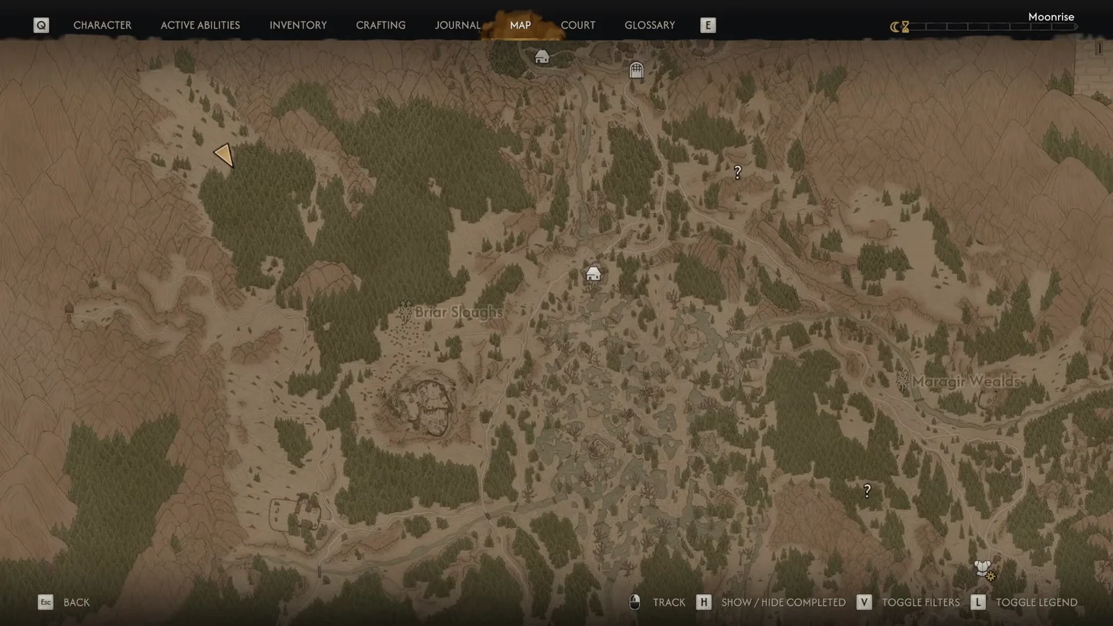 Map tab showing the Briar Sloughs and Maragir Wealds regions with location markers