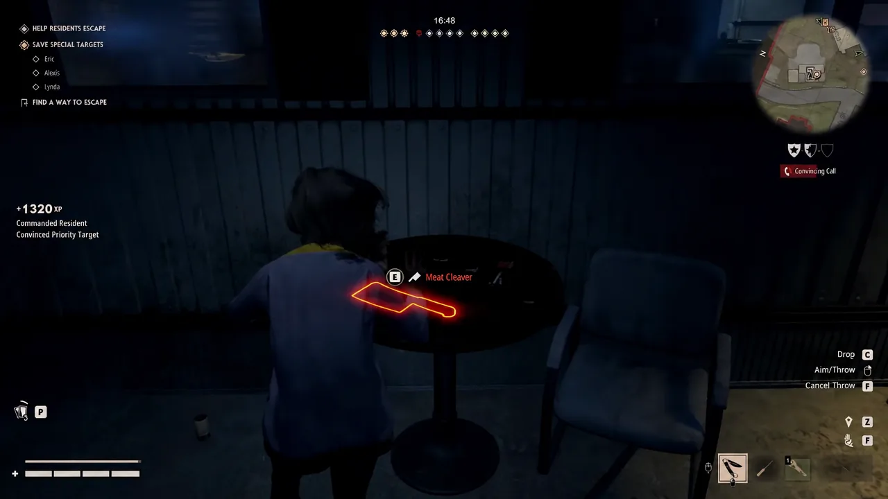 Prompt to press E and pick up a highlighted Meat Cleaver from a table