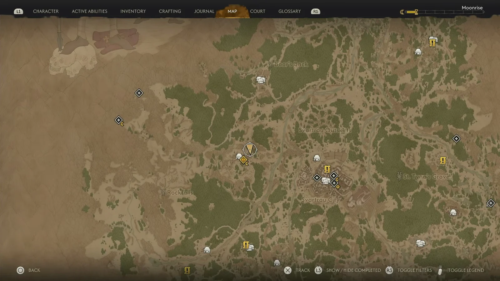 The world map open on the highlighted signal fire marker with tracking and filter options