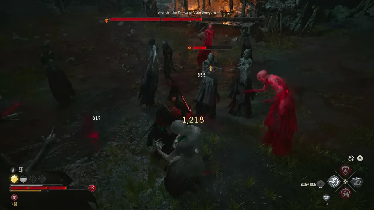 Boss health bar for Brencis, the Knyaz of Vale Songora, during combat against surrounding enemies