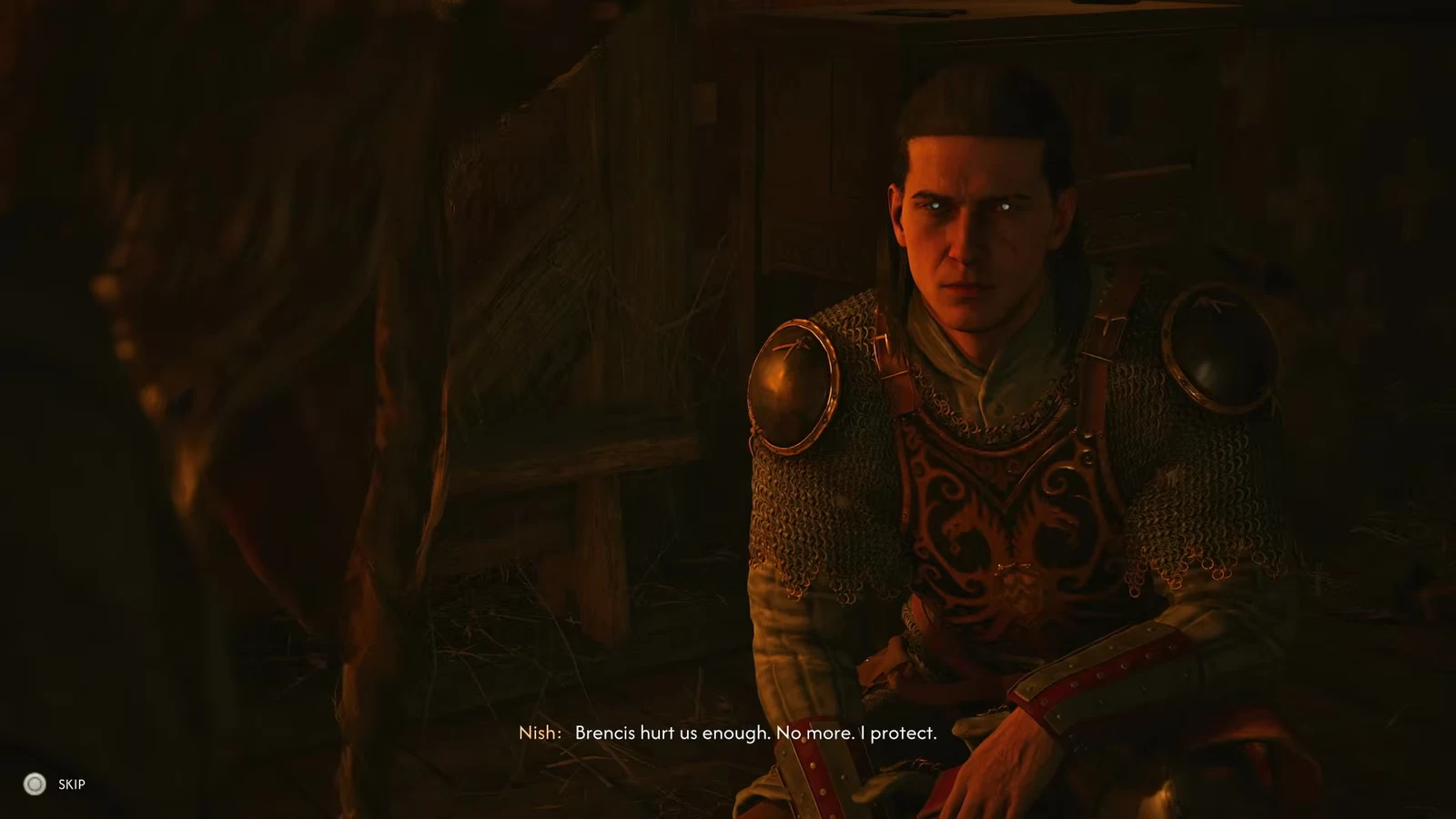 Cinematic dialogue scene after the Lacra fight with the skip prompt in the corner