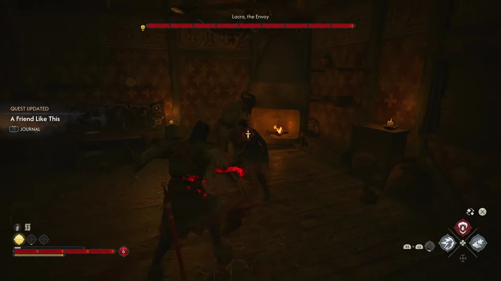 Fighting Lacra, the Envoy inside the abandoned building with her boss health bar on screen