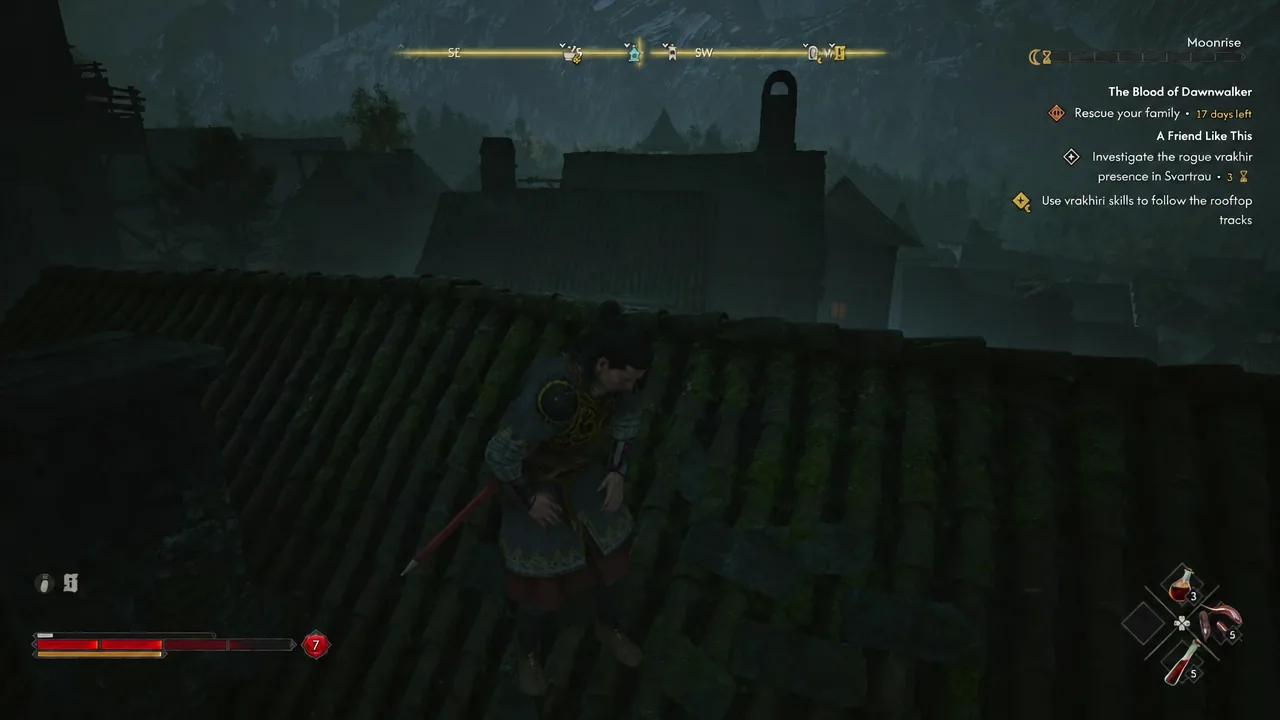 Crouching on a Svartrau rooftop with the objective to follow the rooftop tracks on screen