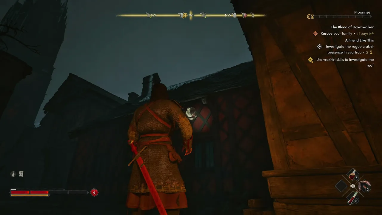 Quest tracker showing the objective to use vrakhiri skills to investigate the roof above the alley
