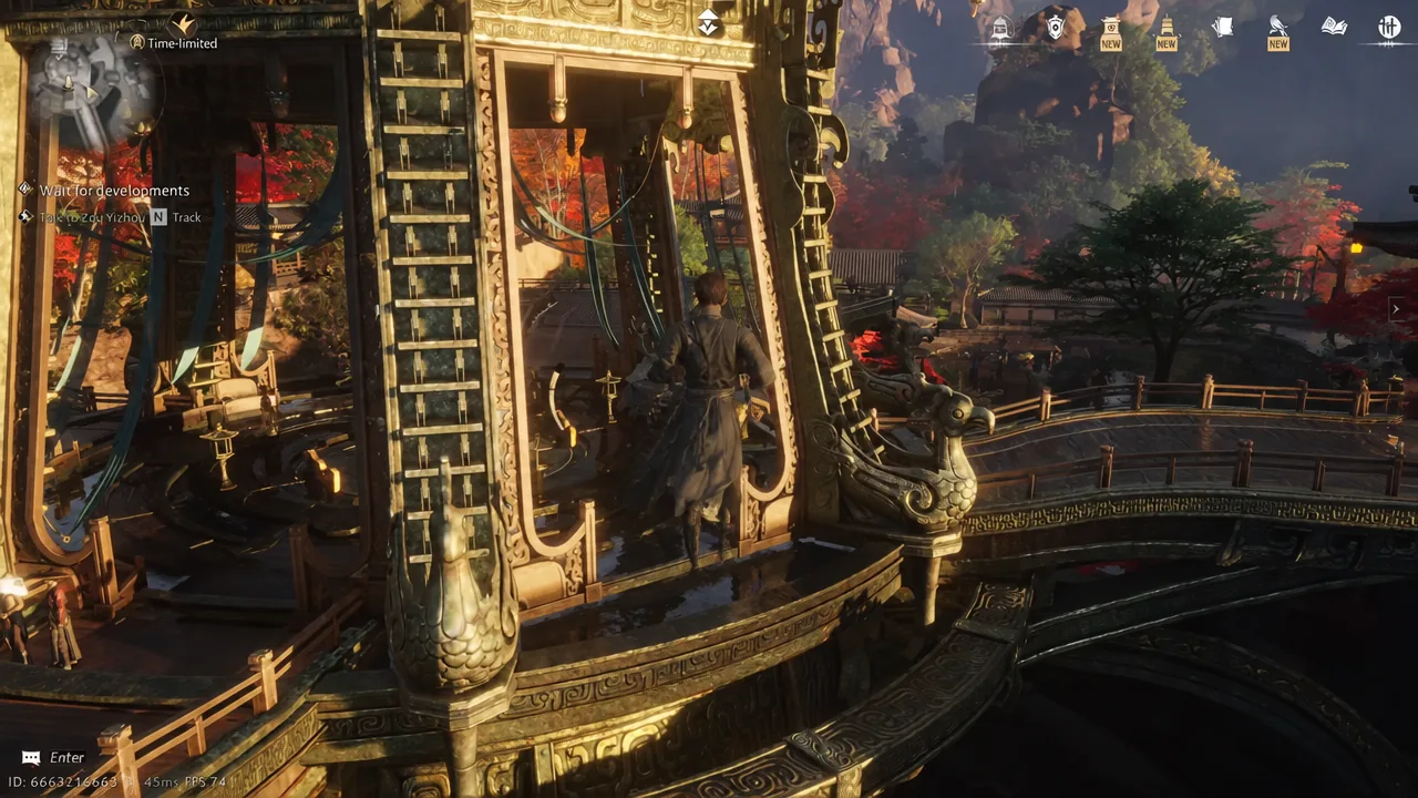 Player crossing the raised wooden walkways of Mohist City on the way to Swallow