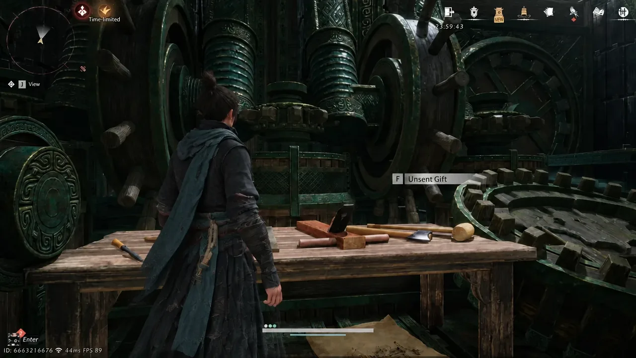 Interact prompt for the Unsent Gift shown at the workbench inside Celestial Spring Station