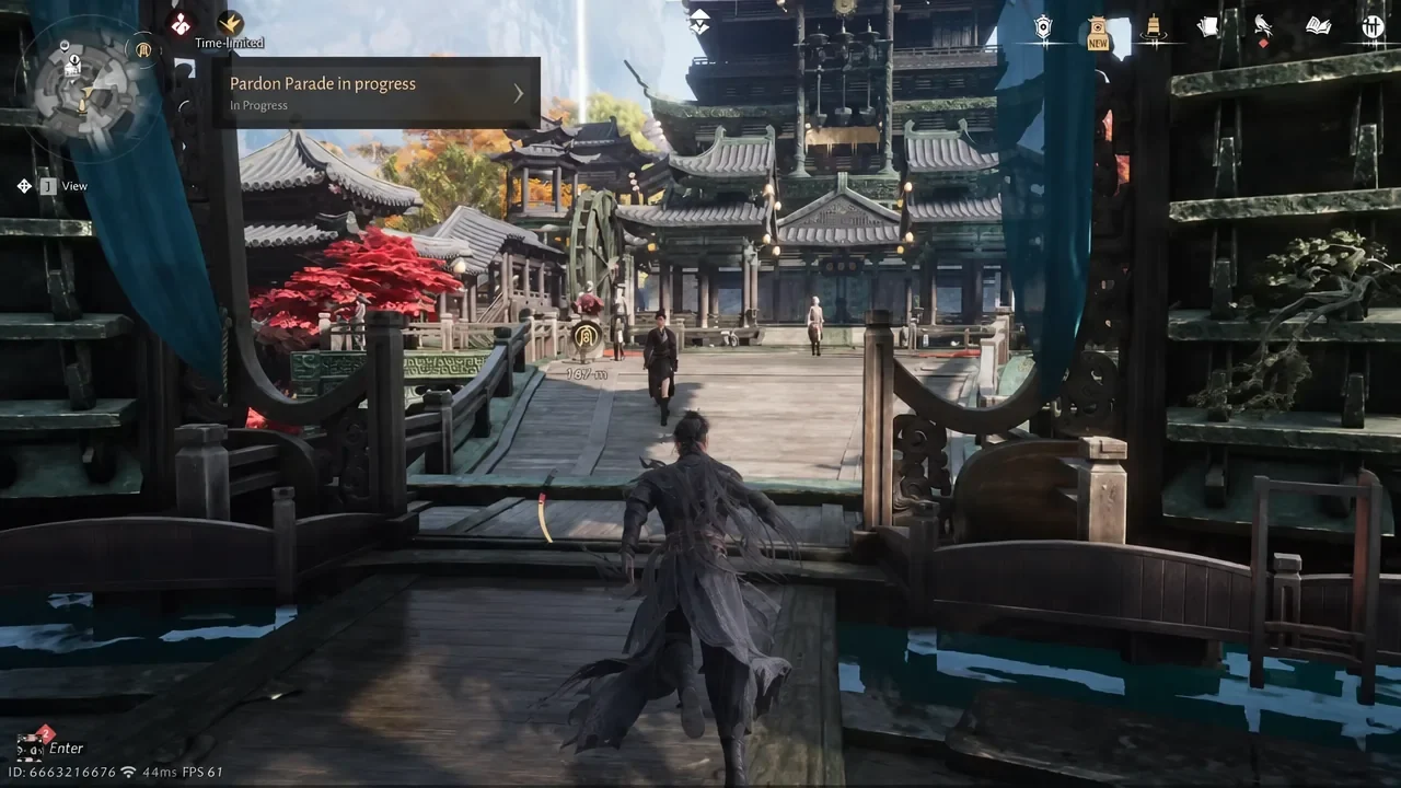 Character crossing a bridge in Mohist City with a Pardon Parade in progress notification on screen