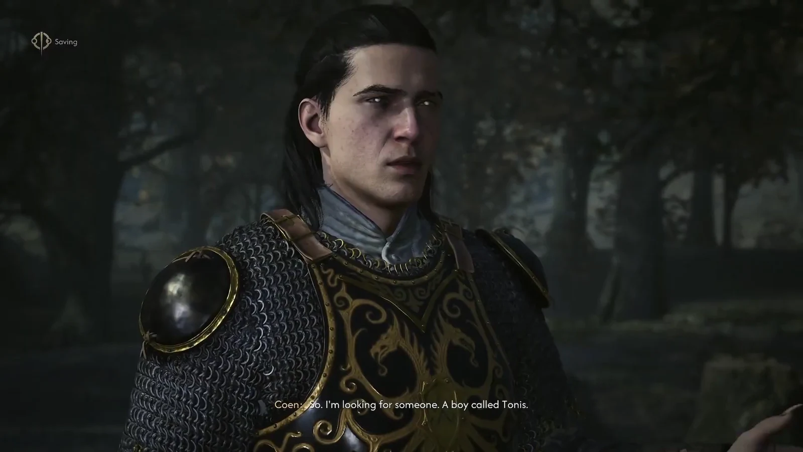 Cutscene of Coen explaining that he is looking for a boy named Tonis, with the saving indicator on screen