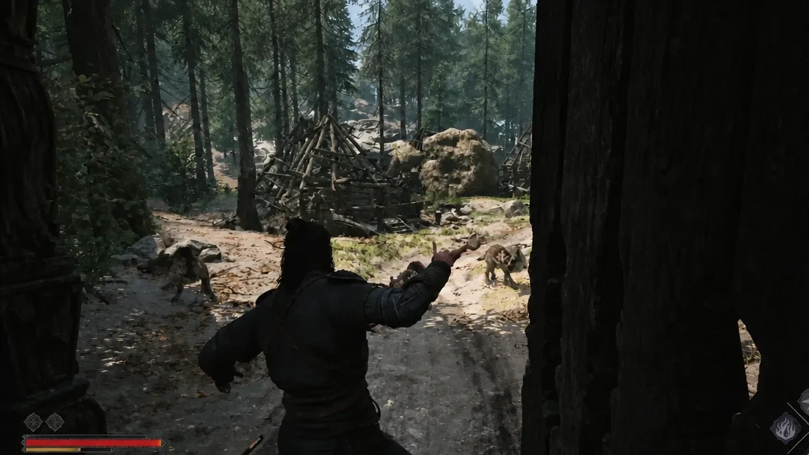 Coen fighting animals in a forest clearing beside a wooden barricade in ruined Oghasti