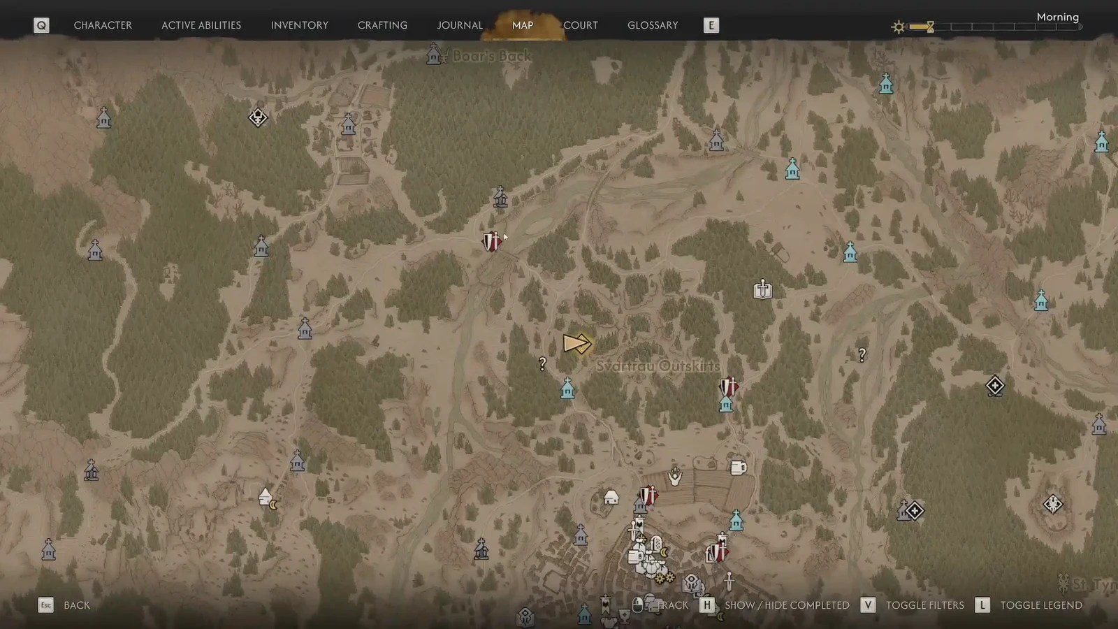 Map screen open on the Svartrau Outskirts with the player marker near a destroyed shrine