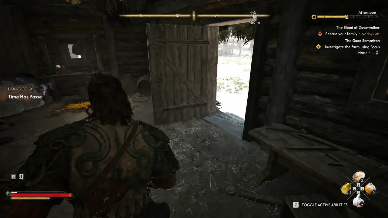 Time Has Passed notification on the HUD as the player walks through the open door of the farm hut