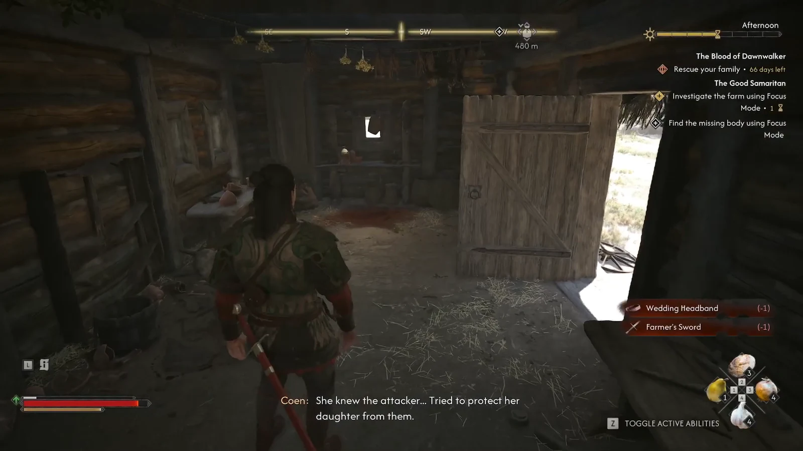 Objective text reading Find the missing body using Focus Mode while the player searches the farmhouse interior