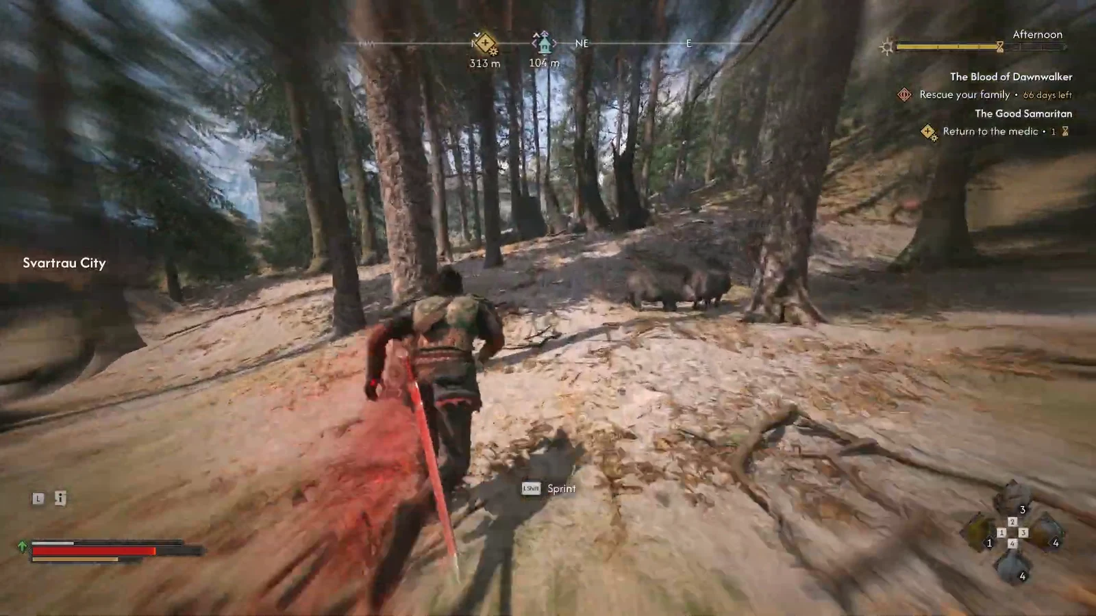 Player sprinting through woodland outside Svartrau City with the sprint prompt on screen