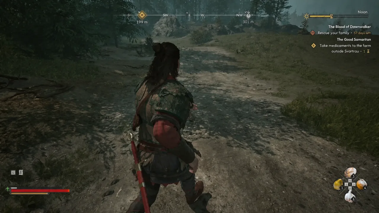 Compass marker counting down 199 metres to the farm objective while the player moves through trees