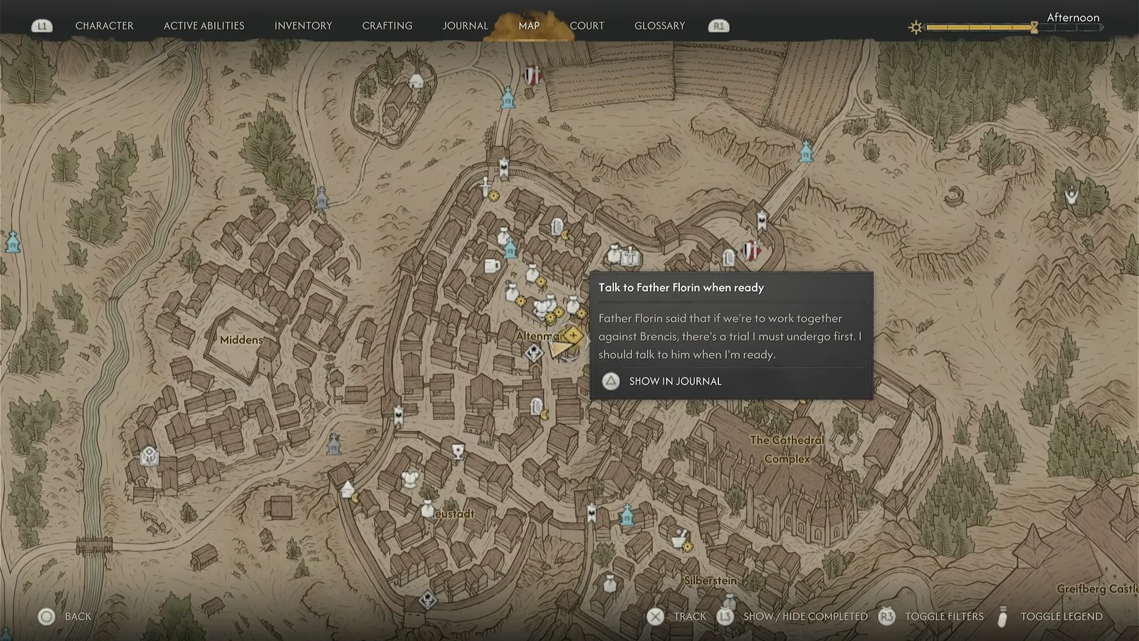Map screen with the active objective Talk to Father Florin when ready marked in Svartrau