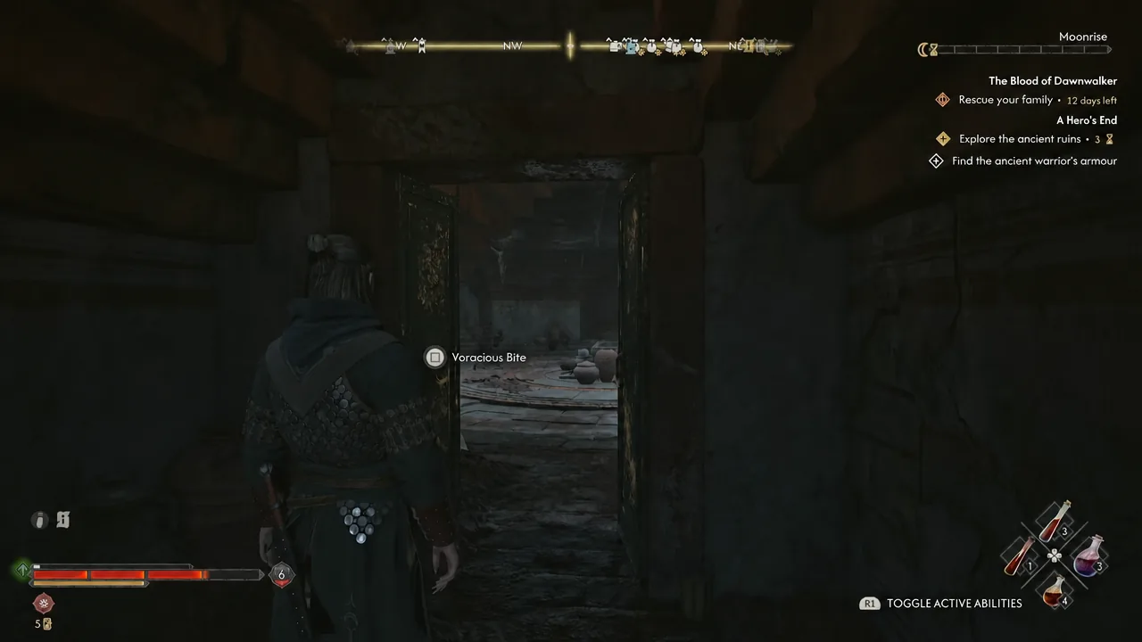 Interaction prompt at the wooden doorway after climbing the ladder in the ruins