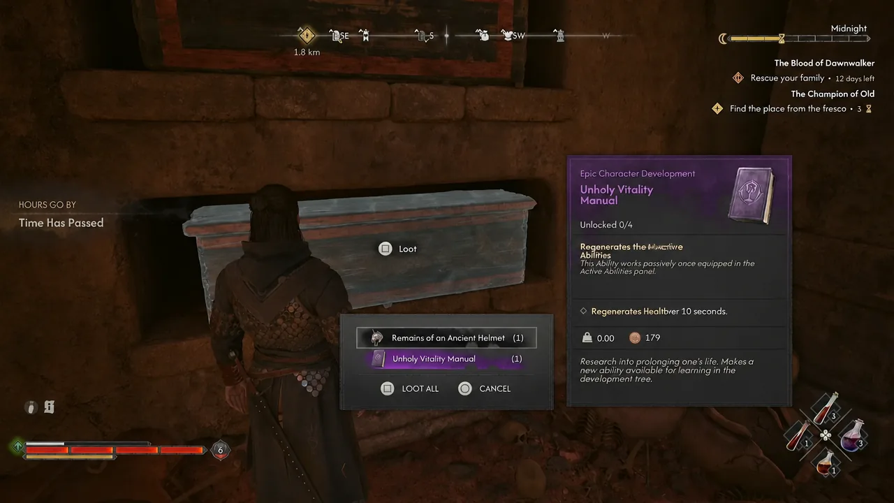 Loot window showing the Unholy Vitality Manual and its epic character development details