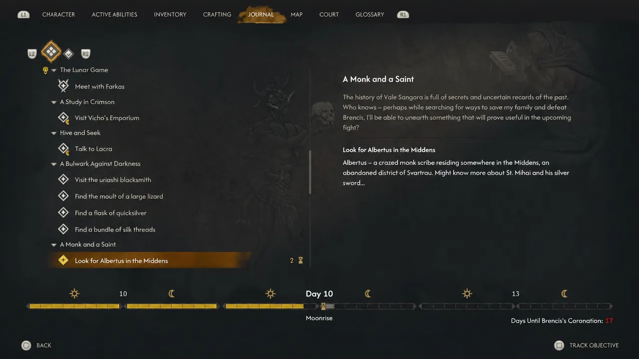Quest journal open on the objective to look for Albertus in the Middens