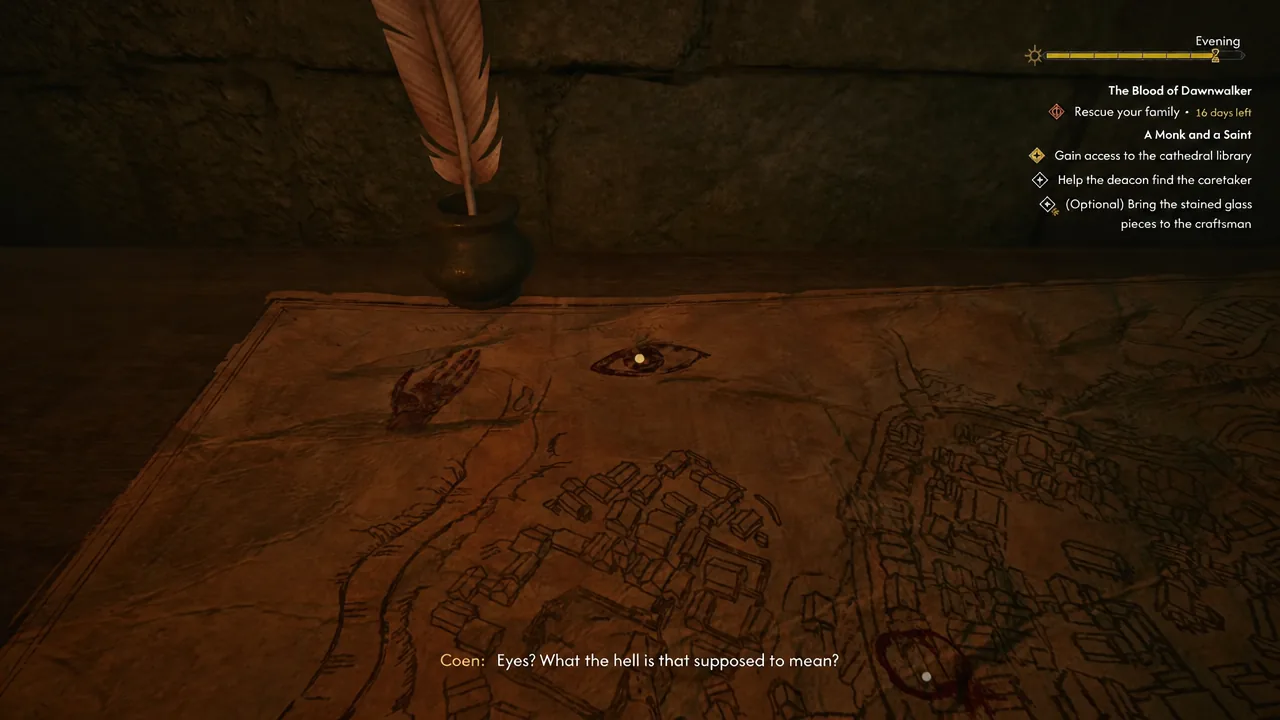 Coen inspecting a parchment map marked with an eye symbol during the quest