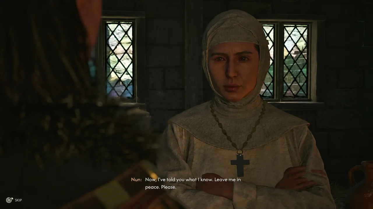 Conversation with the Nun at the cathedral, subtitles on screen