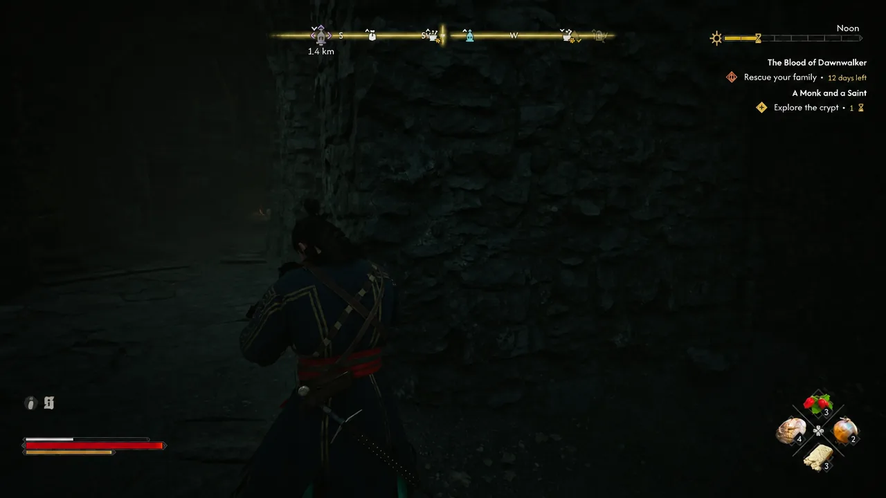 Exploring the crypt interior with the quest tracker showing the explore objective