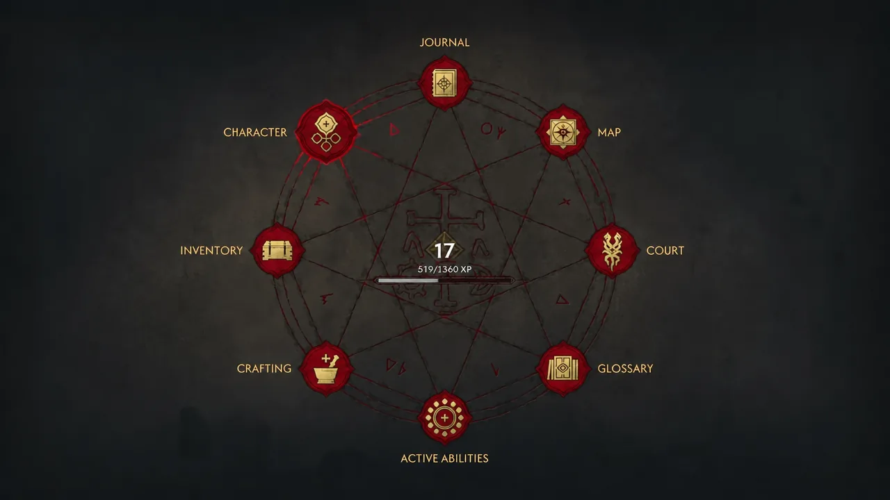 Journal menu with Active Abilities highlighted on the radial navigation screen