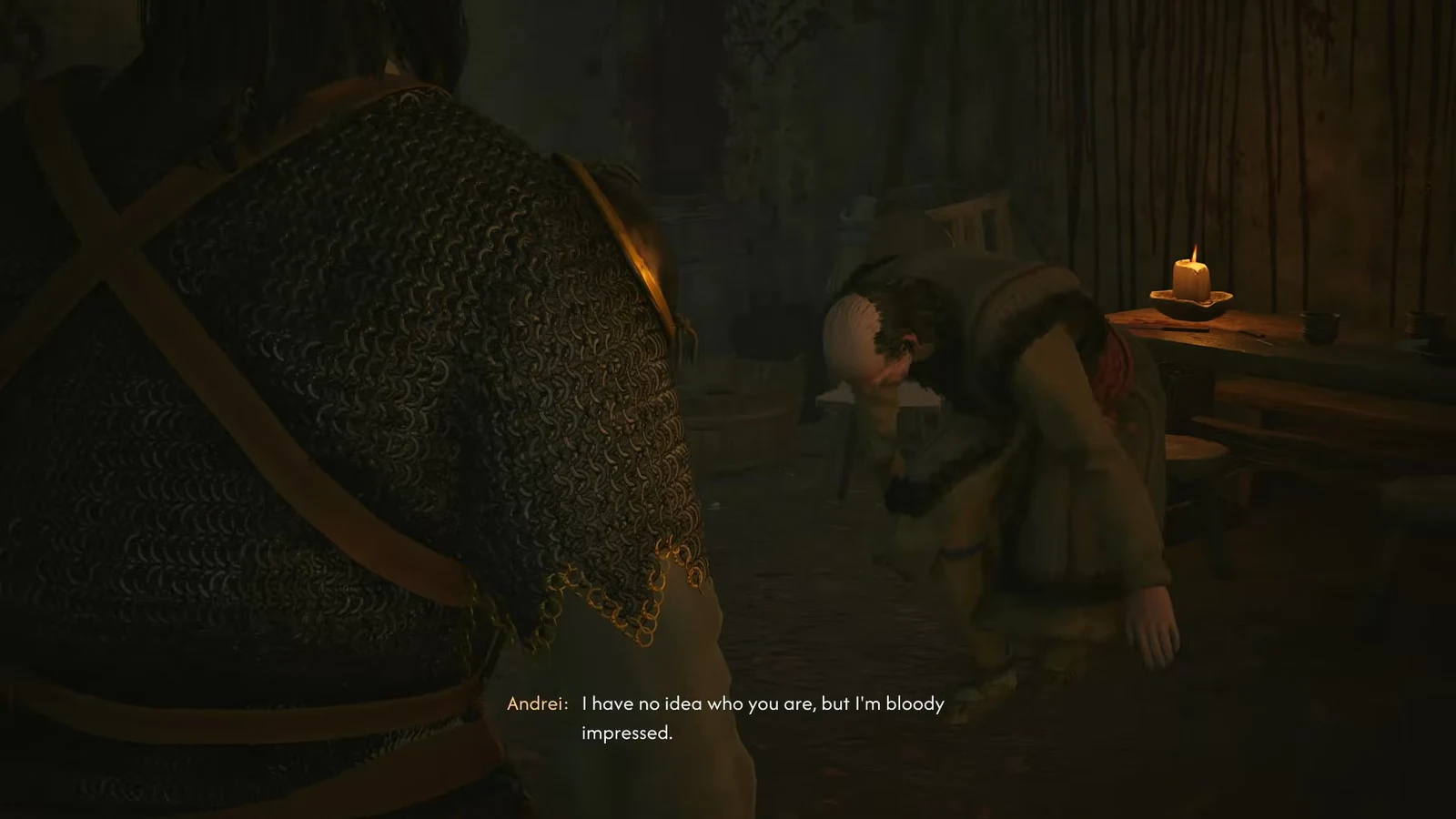 Coen confronting Andrei in the hideout during a cutscene, with Andrei speaking