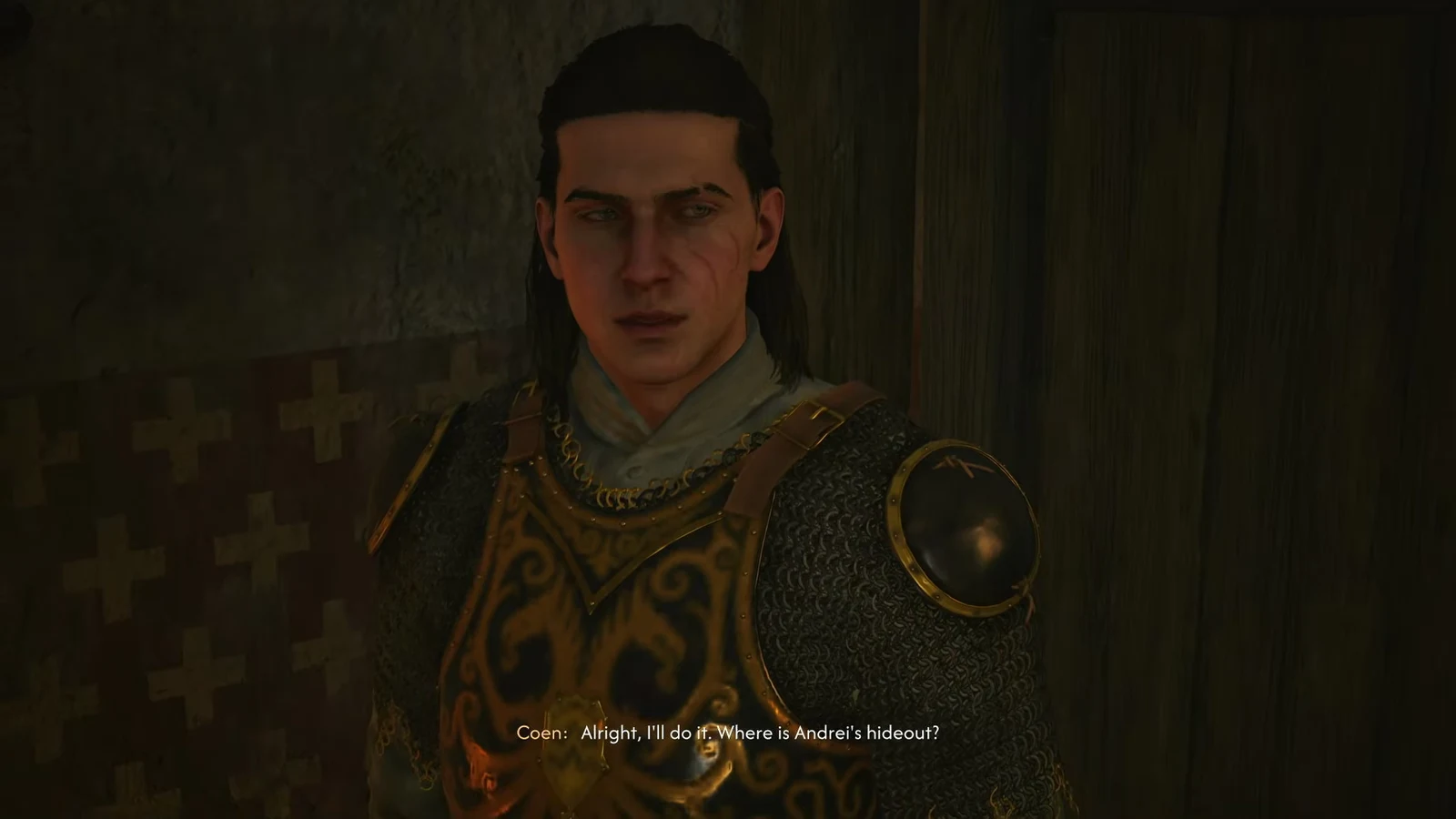 Dialogue scene where Coen agrees to help and asks where Andrei's hideout is