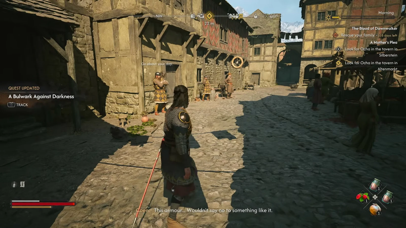 Coen walking a medieval market street in Svartrau City with a quest update notification