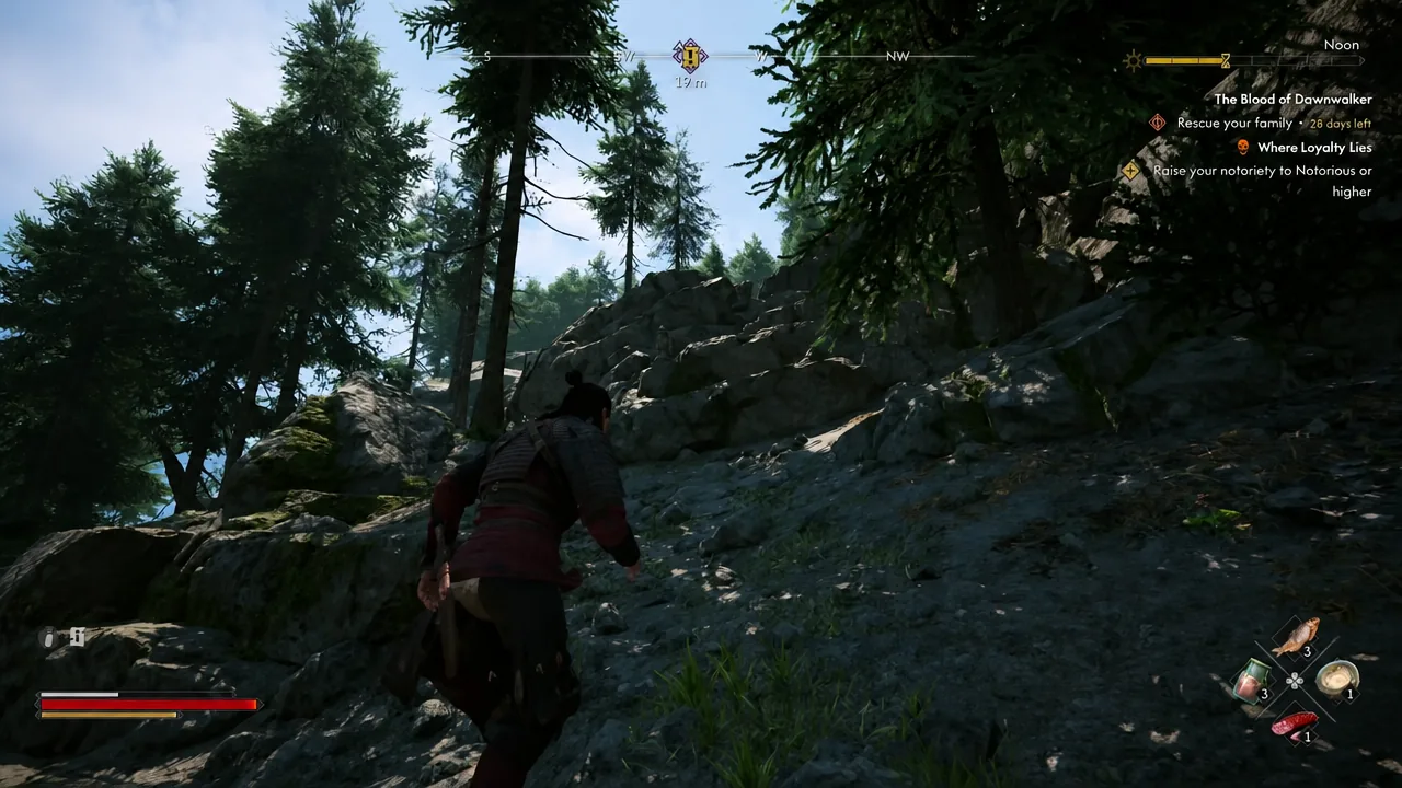 Coen climbing a rocky forest slope with the objective marker 19 meters ahead