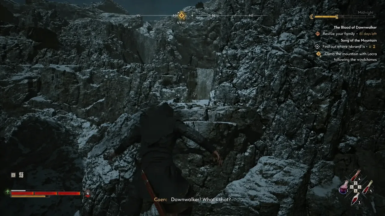Quest tracker showing the windchime climbing objective as Coen crosses a high snowy ledge